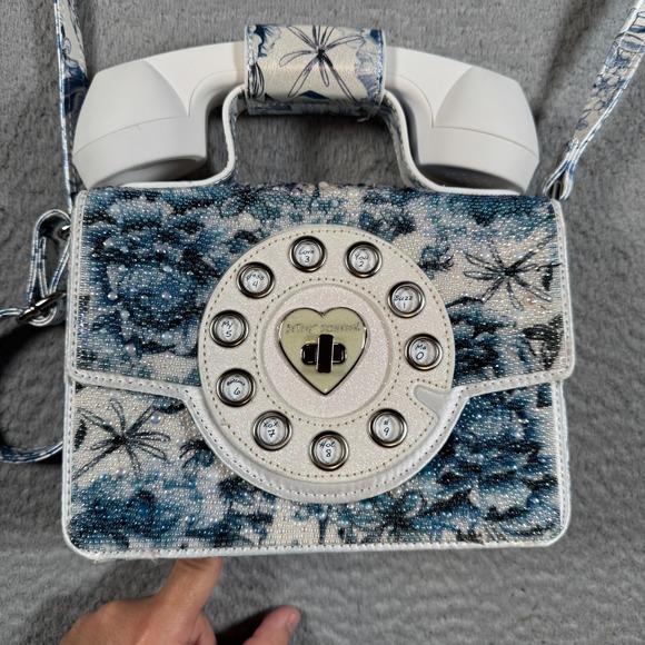 Betsey Johnson Handbags - Betsey Johnson Kitsch Toile Pearl Blue and White Floral Phone Handbag Wireless